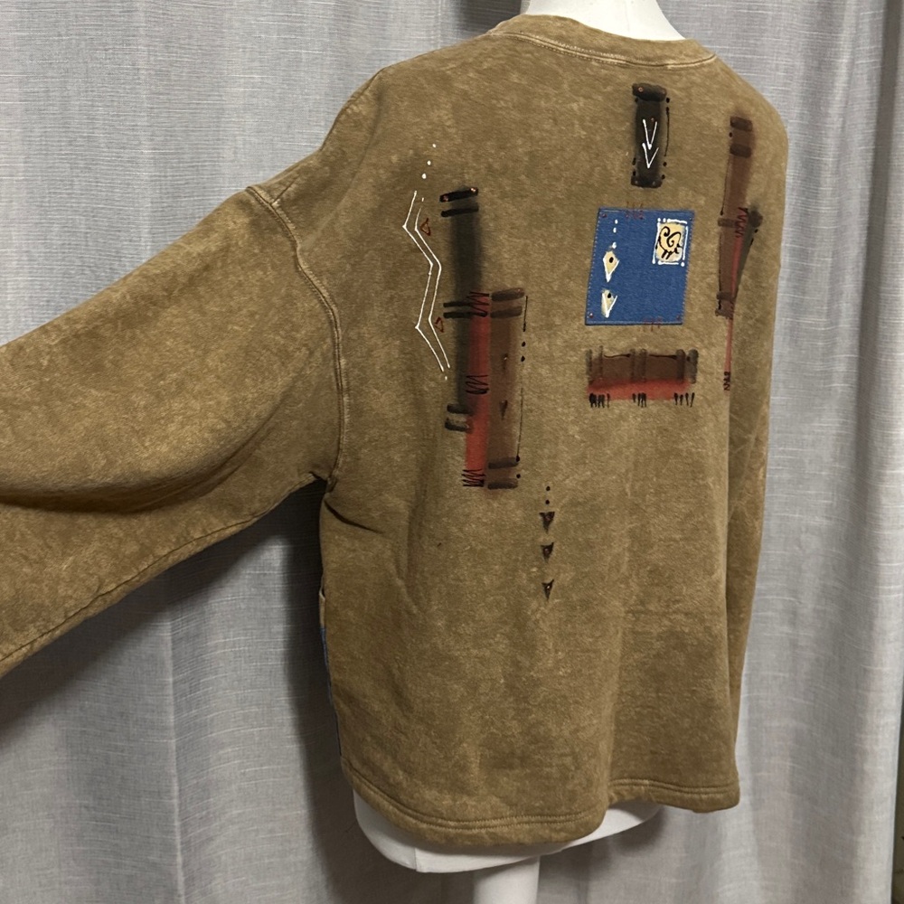 Vintage-Repurposed Sweatshirt-Tan-Abstract Detail-3 Button Toggle-Boxy Relaxed - Picture 12 of 16